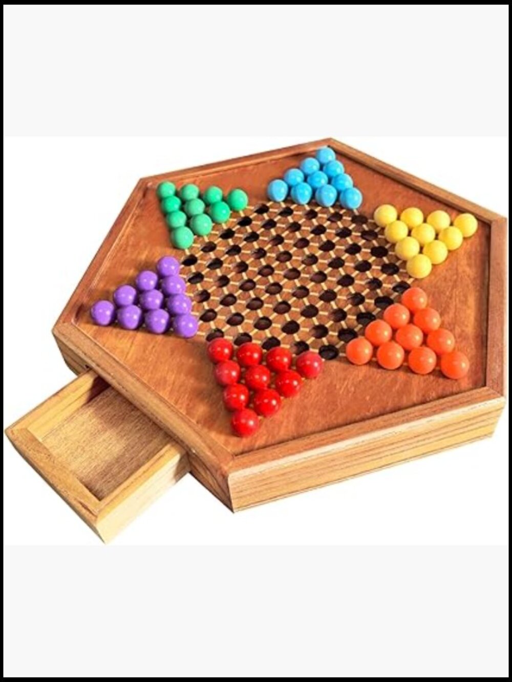 Wooden Chinese Checkers Board Game with Marbles Drawer 12.6 Inch